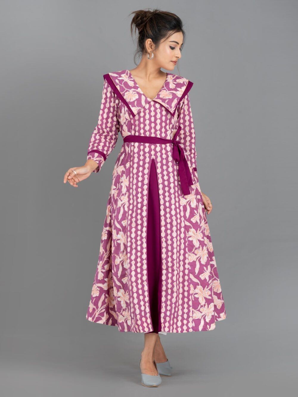 Lavender Breeze – Indo-Western Cotton Fusion Dress with Pockets - Image 3