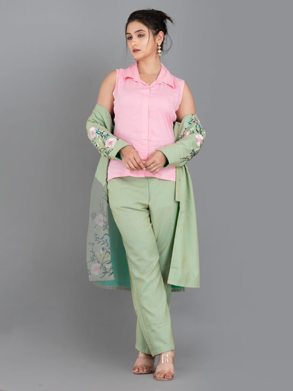 Pista Green and Pink Khadi Cotton Embroidered 3-Piece Coord Set - Image 8