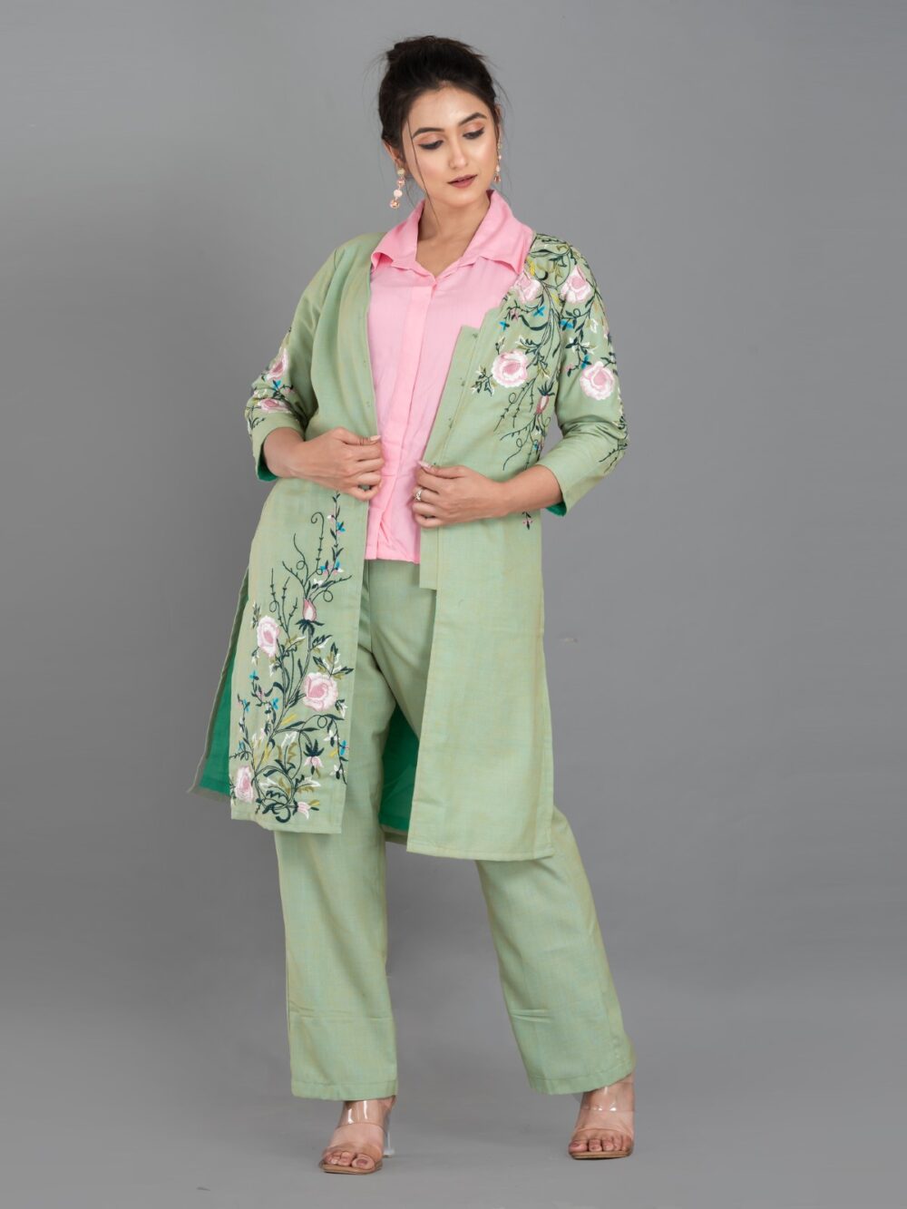 Pista Green and Pink Khadi Cotton Embroidered 3-Piece Coord Set - Image 6