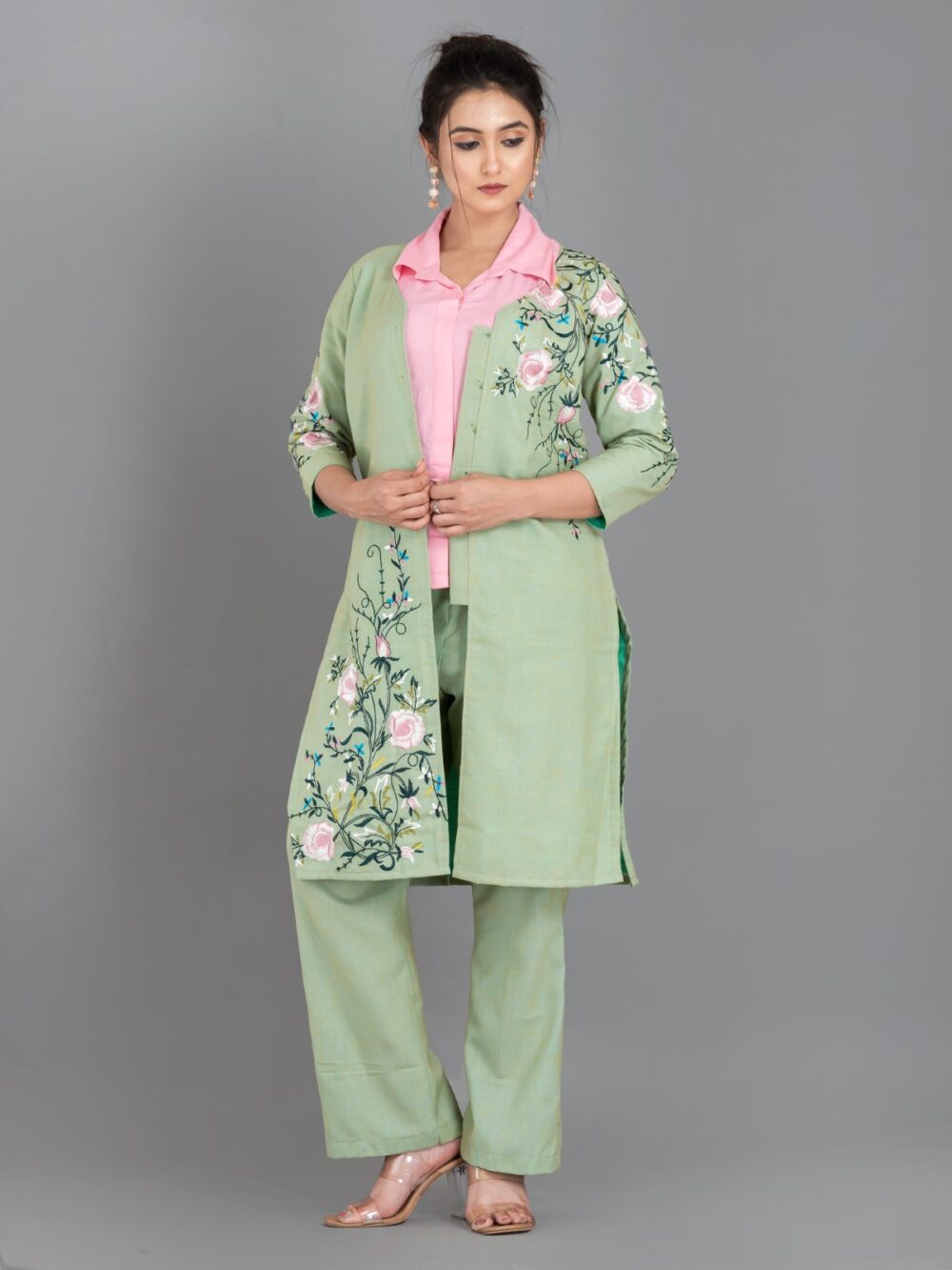 Pista Green and Pink Khadi Cotton Embroidered 3-Piece Coord Set - Image 5