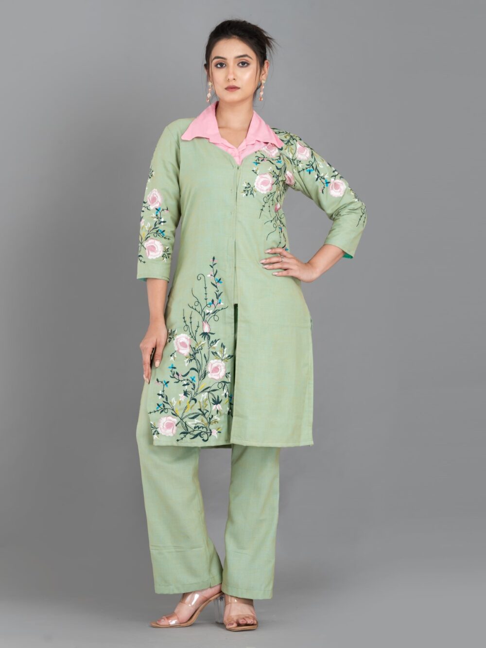 Pista Green and Pink Khadi Cotton Embroidered 3-Piece Coord Set