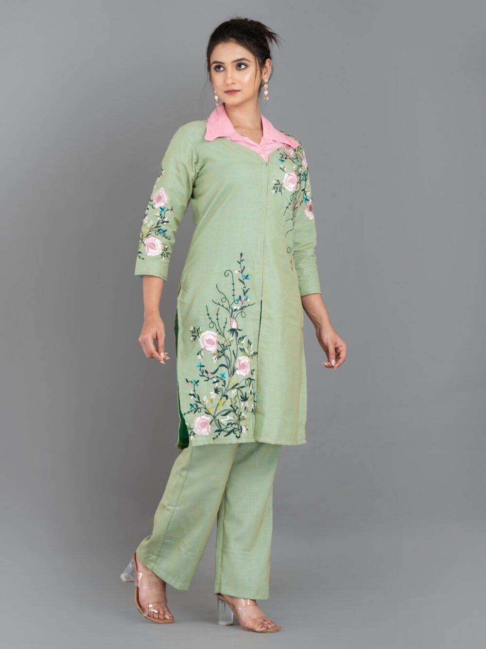 Pista Green and Pink Khadi Cotton Embroidered 3-Piece Coord Set - Image 9