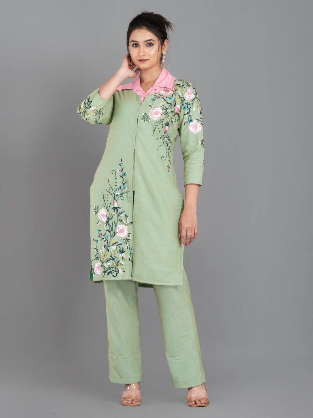 Pista Green and Pink Khadi Cotton Embroidered 3-Piece Coord Set - Image 4