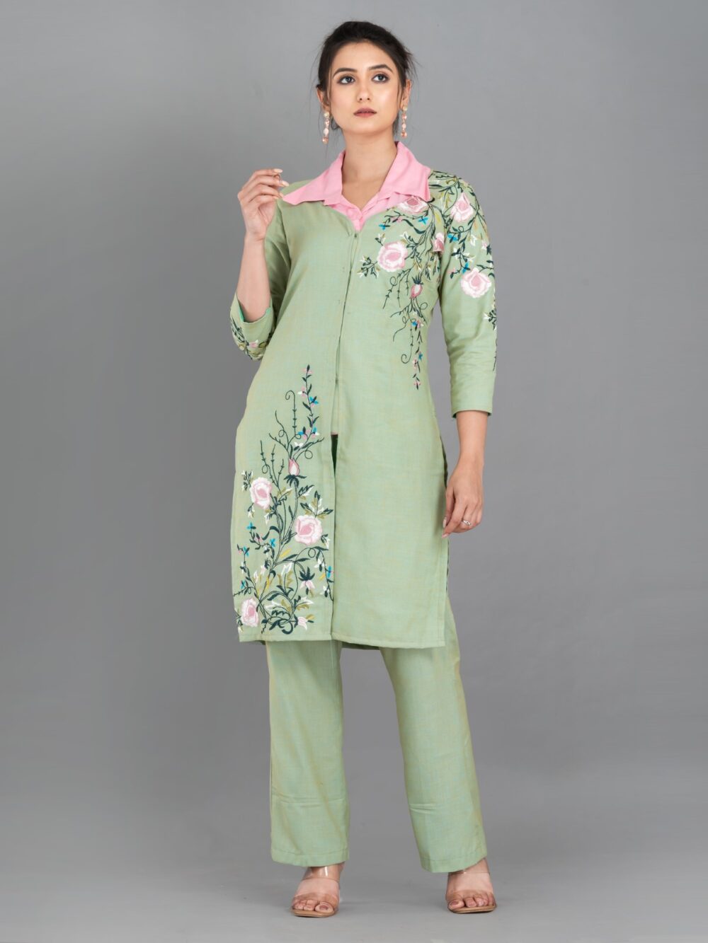Pista Green and Pink Khadi Cotton Embroidered 3-Piece Coord Set - Image 3