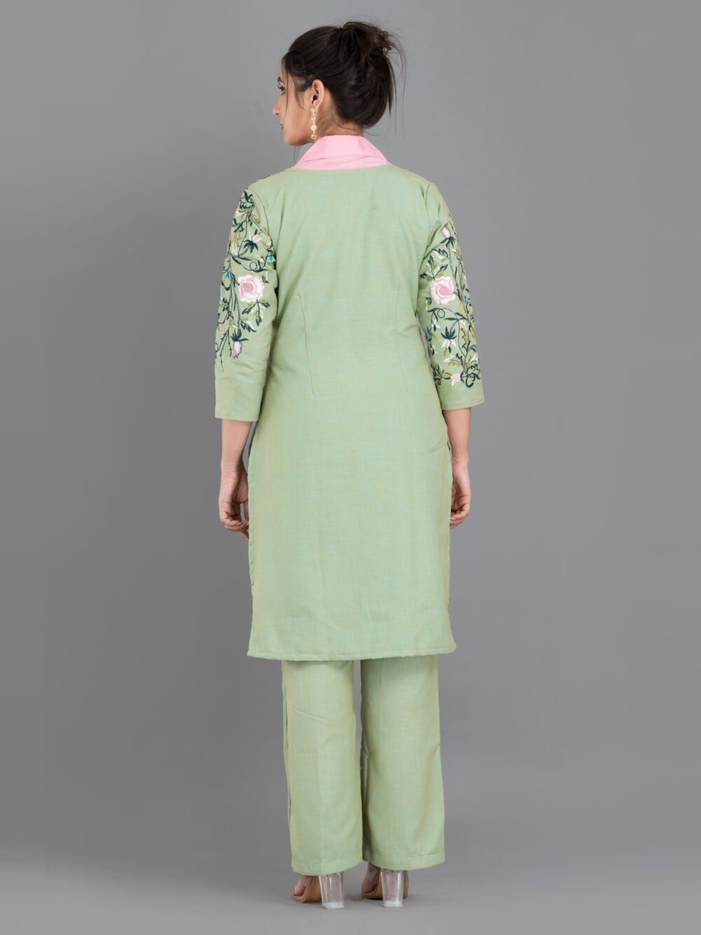 Pista Green and Pink Khadi Cotton Embroidered 3-Piece Coord Set - Image 2