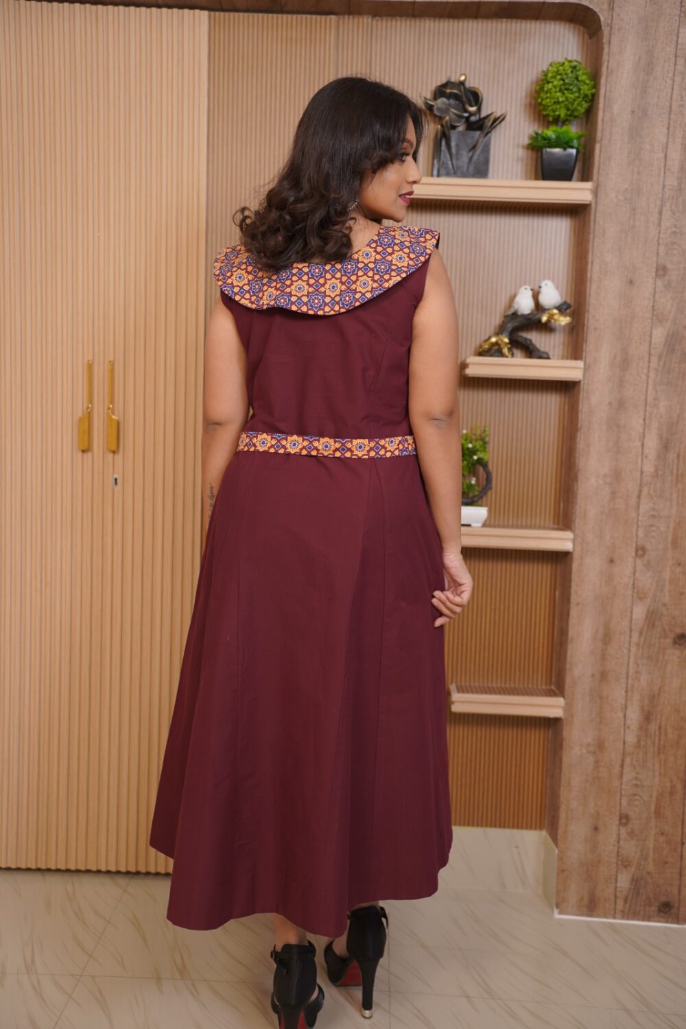 Chocolate Brown Ajrakh Print Cotton Indo-Western One Piece Dress for Women - Image 3