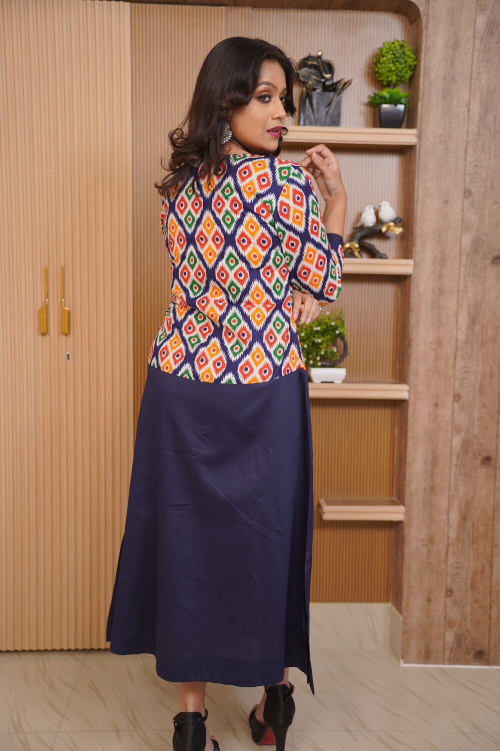 Blue Mirage Navy Cotton Indo-Western Dress with Attached Printed Jacket Cut (A-Line Flare | Smart Collar | Summer Casual Wear) - Image 3