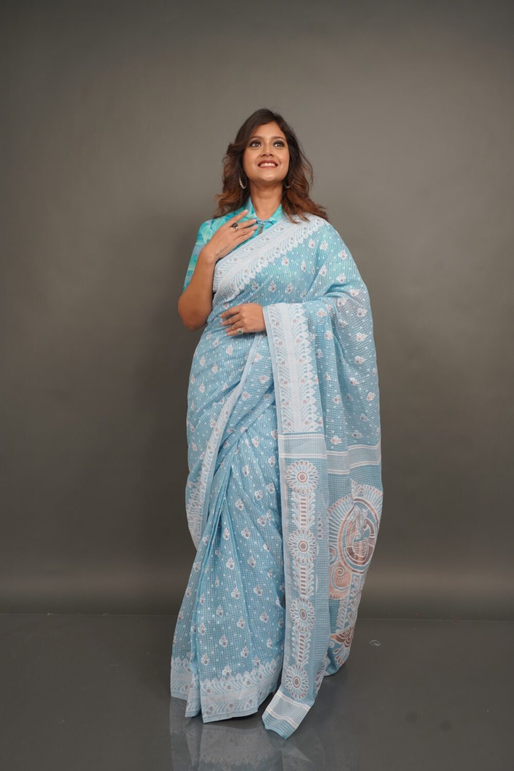 Icy Bliss – Ice Blue Handwoven Jaamdani Insta-Saree with Attached Petticoat (Ready-to-Drape 2-Piece Skirt Style Insta-Saree)