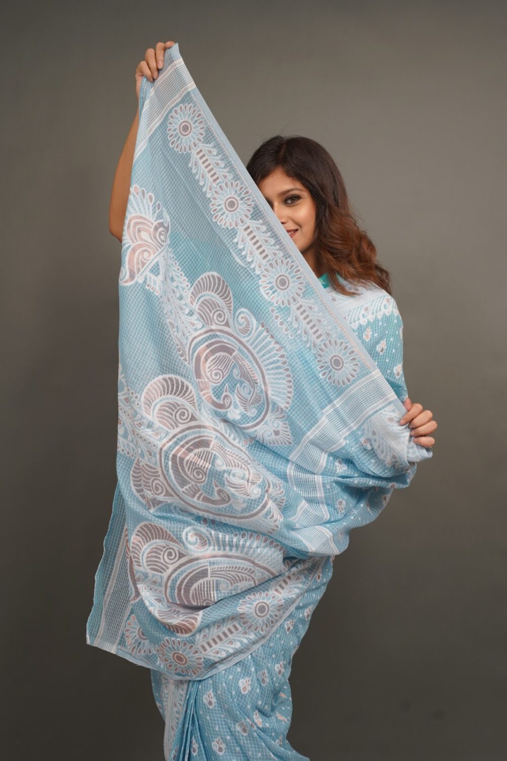 Icy Bliss – Ice Blue Handwoven Jaamdani Insta-Saree with Attached Petticoat (Ready-to-Drape 2-Piece Skirt Style Insta-Saree) - Image 2