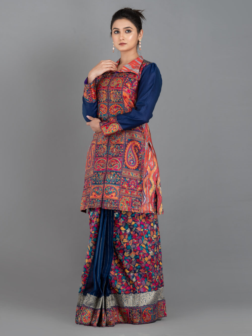 Navy Blue Chanderi Weave Fusion Skirt Jacket Set - Image 3