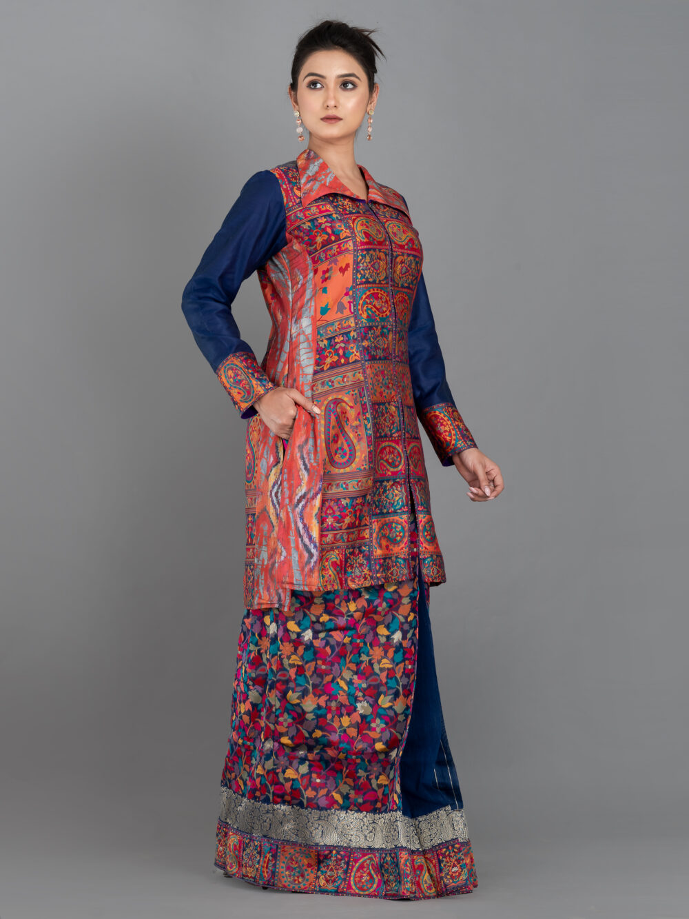 Navy Blue Chanderi Weave Fusion Skirt Jacket Set - Image 4