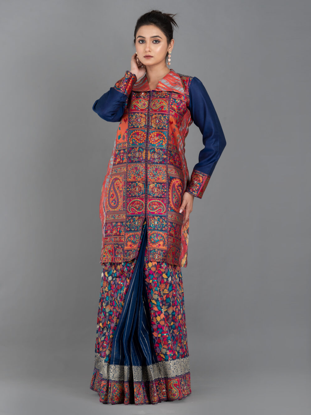 Navy Blue Chanderi Weave Fusion Skirt Jacket Set - Image 5