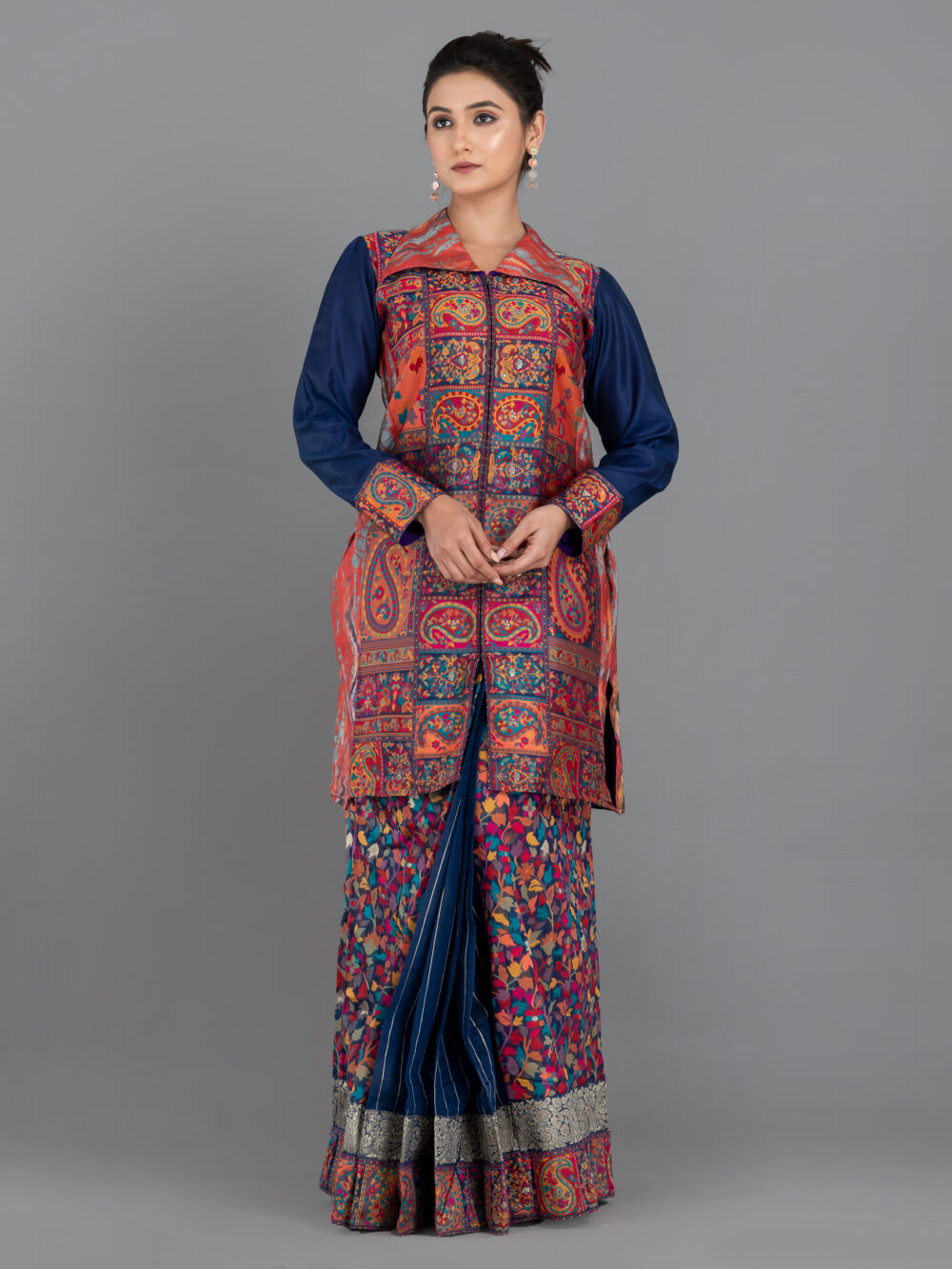 Navy Blue Chanderi Weave Fusion Skirt Jacket Set