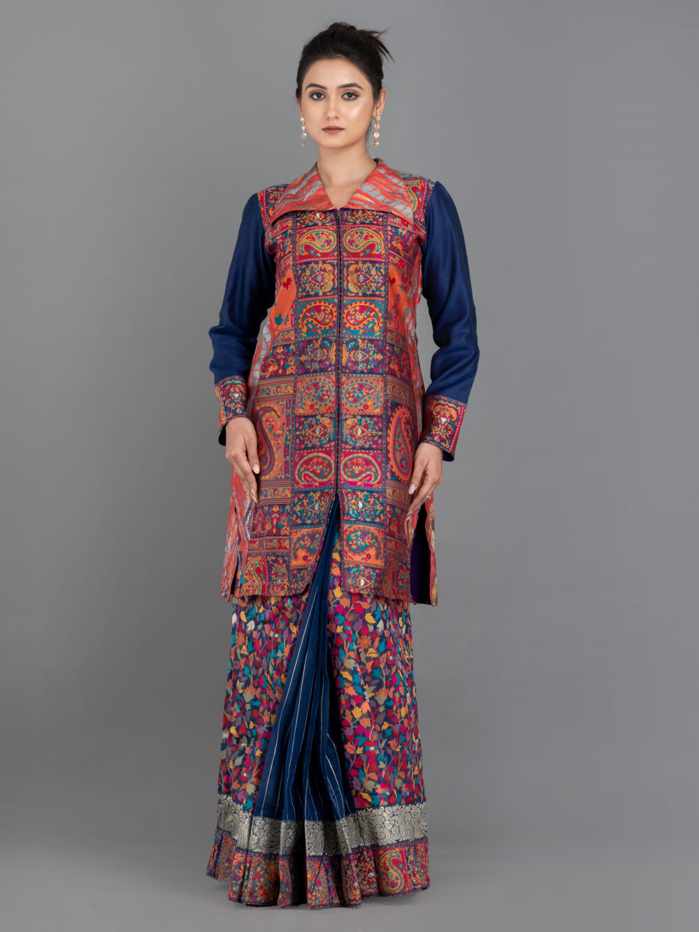 Navy Blue Chanderi Weave Fusion Skirt Jacket Set - Image 6