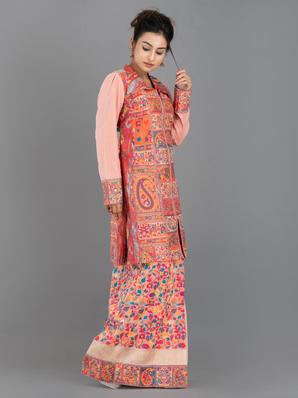 Peach Chanderi Weave Fusion Skirt Jacket Set - Image 3