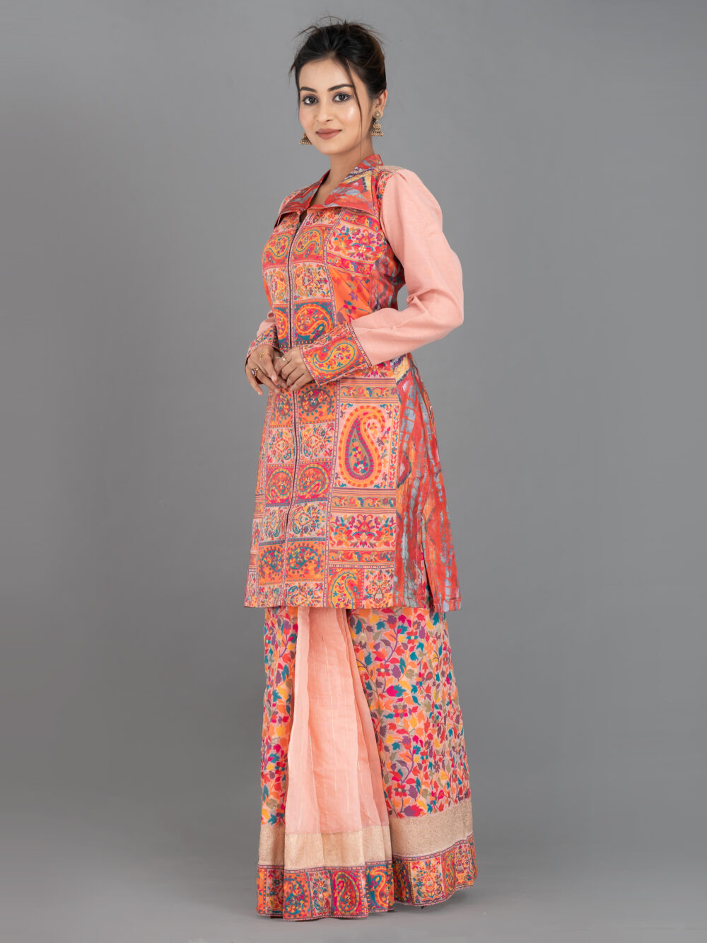 Peach Chanderi Weave Fusion Skirt Jacket Set - Image 4