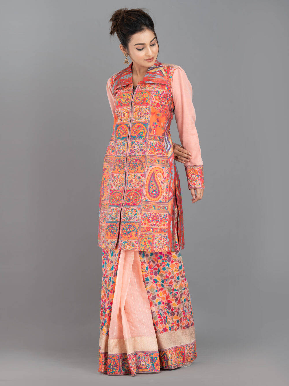 Peach Chanderi Weave Fusion Skirt Jacket Set - Image 5