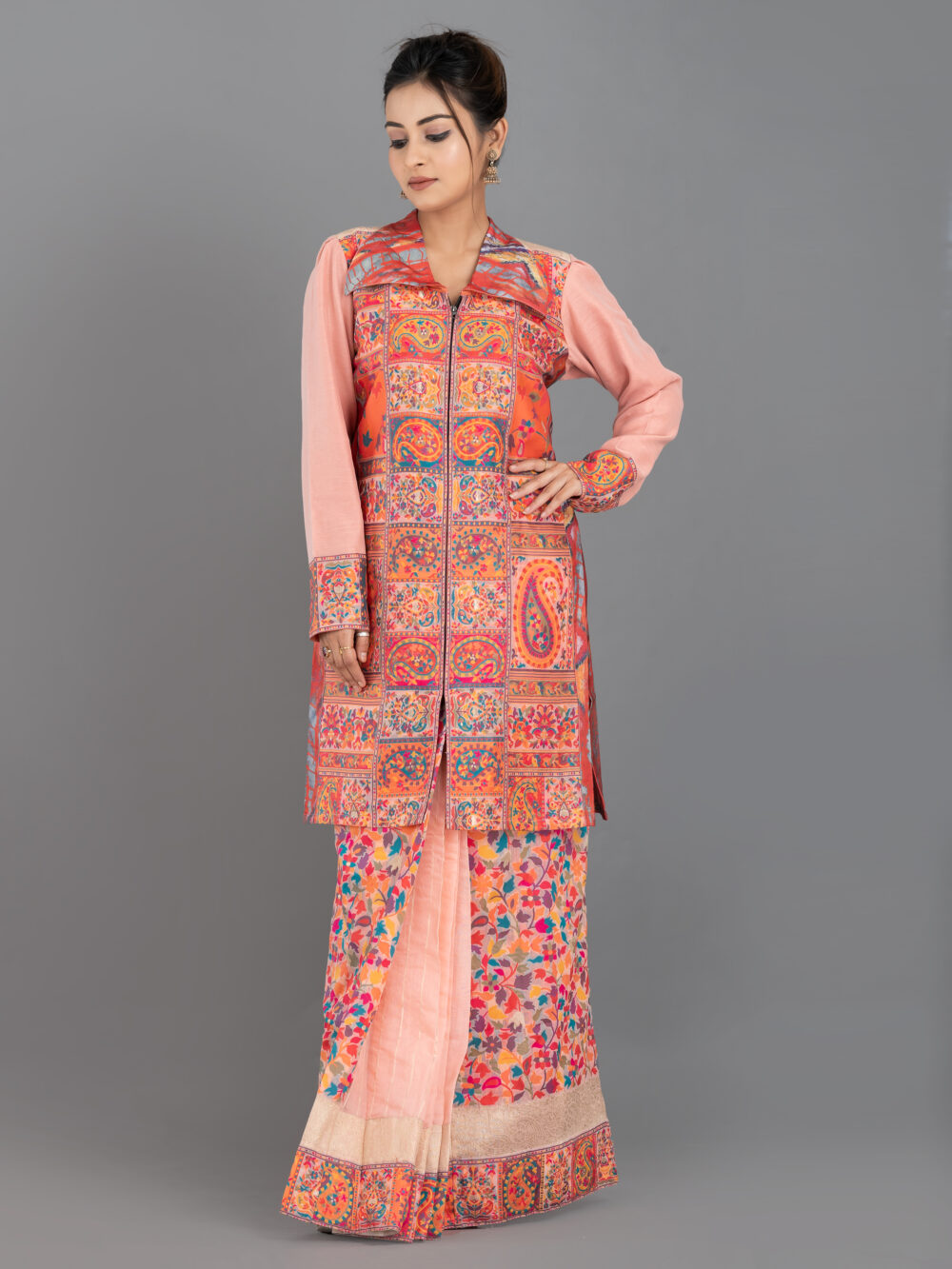Peach Chanderi Weave Fusion Skirt Jacket Set