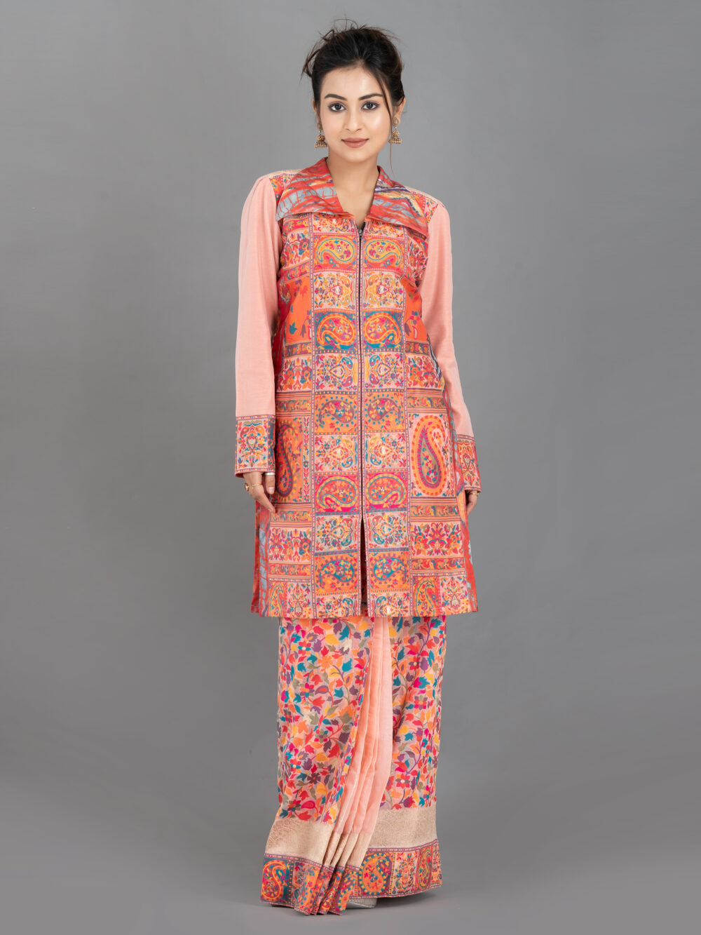 Peach Chanderi Weave Fusion Skirt Jacket Set - Image 6