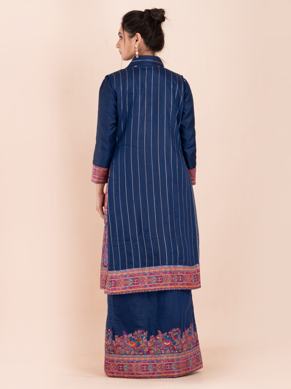 Navy Blue Chanderi Weave Fusion Skirt Jacket Set - Image 2
