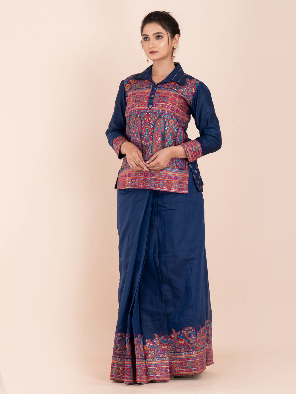 Navy Blue Chanderi Weave Fusion Skirt Jacket Set - Image 10