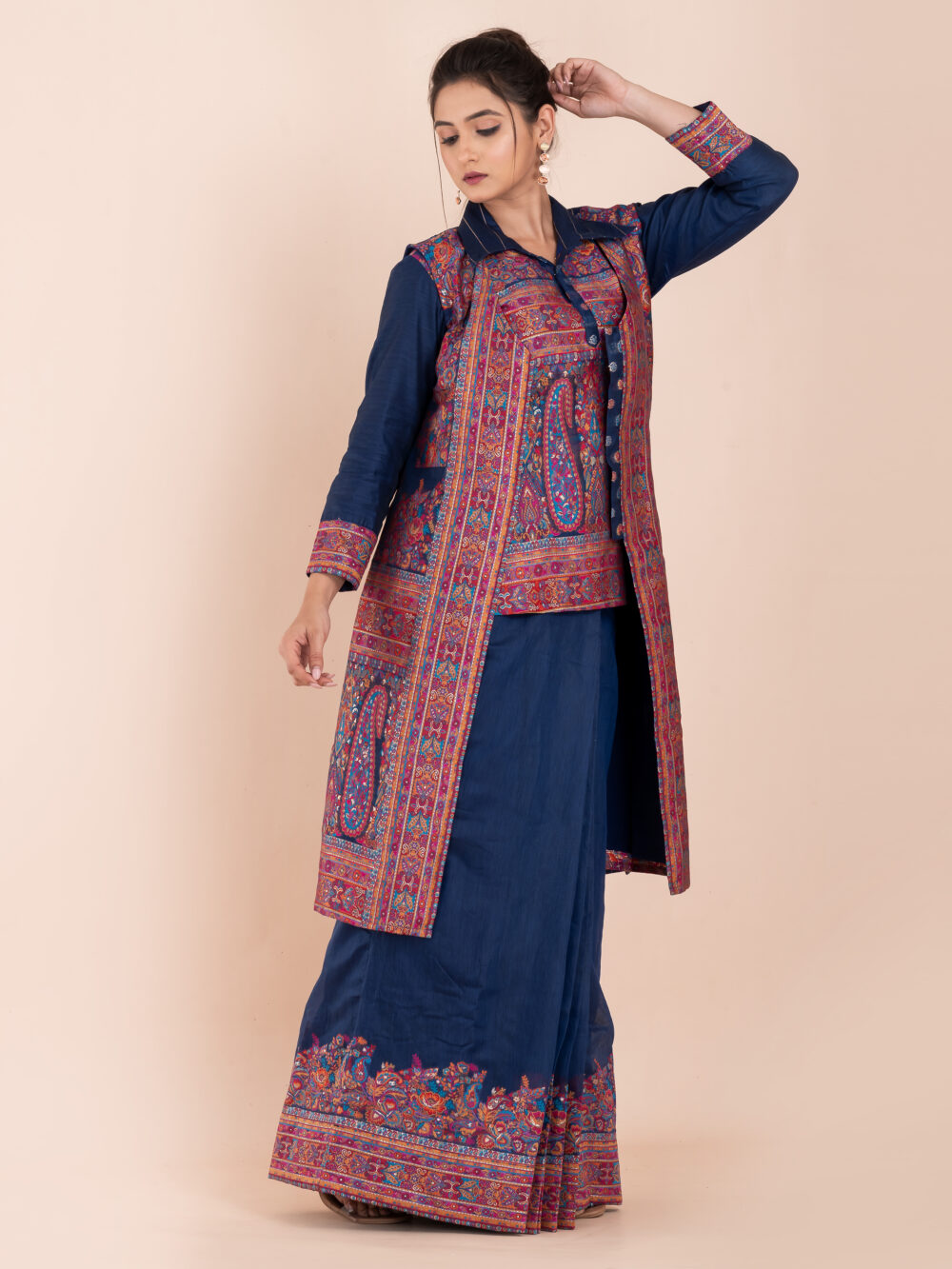 Navy Blue Chanderi Weave Fusion Skirt Jacket Set - Image 3