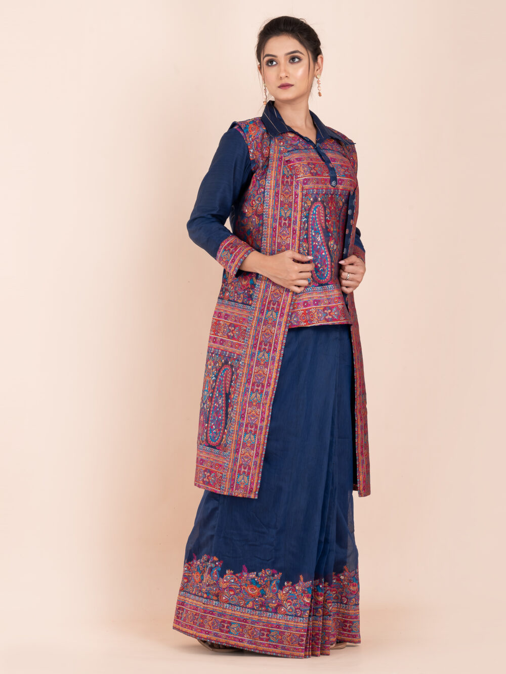 Navy Blue Chanderi Weave Fusion Skirt Jacket Set - Image 4