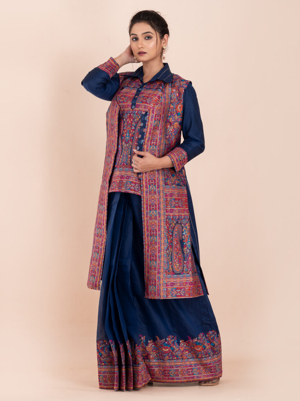 Navy Blue Chanderi Weave Fusion Skirt Jacket Set - Image 5