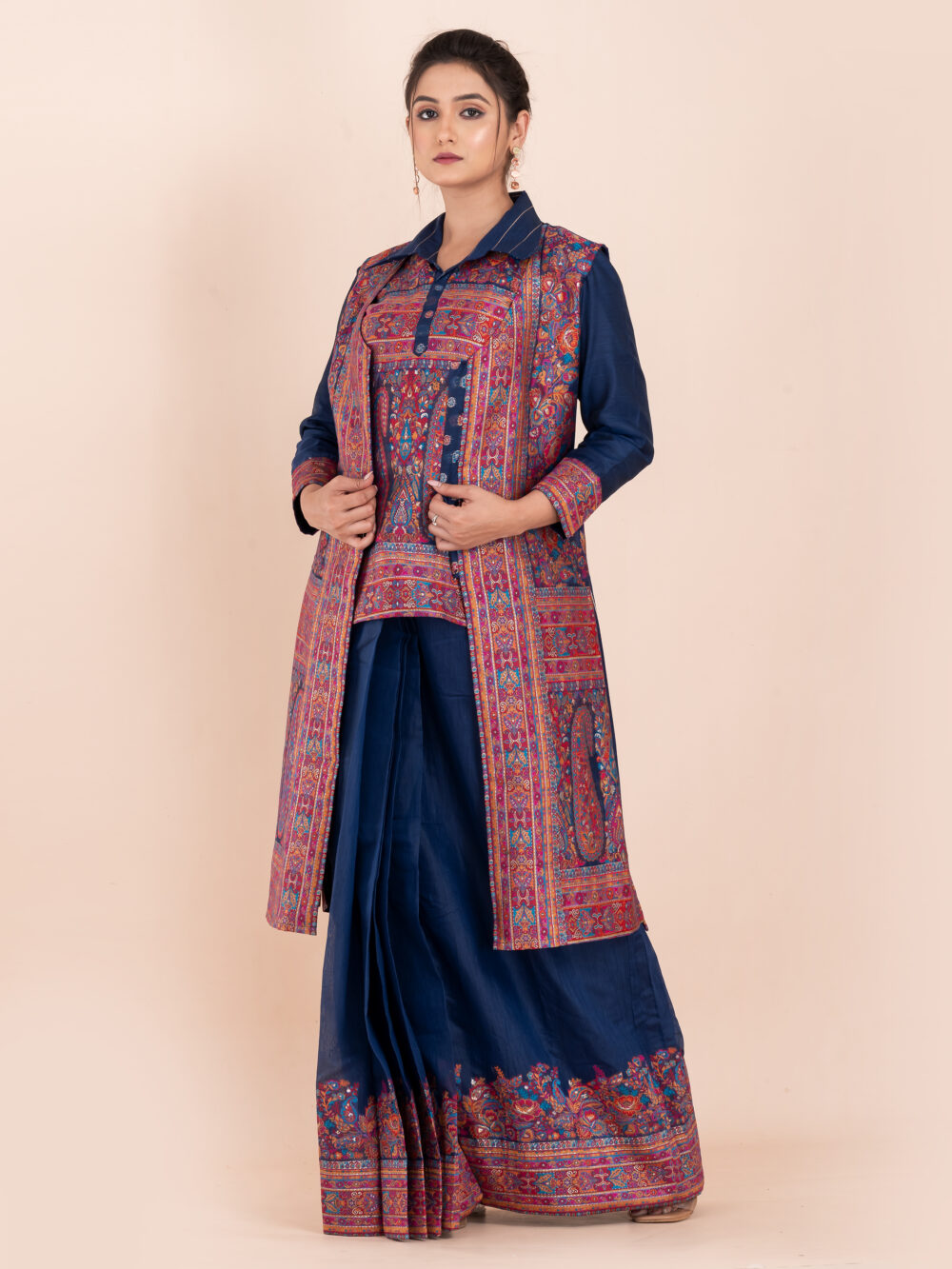 Navy Blue Chanderi Weave Fusion Skirt Jacket Set - Image 6