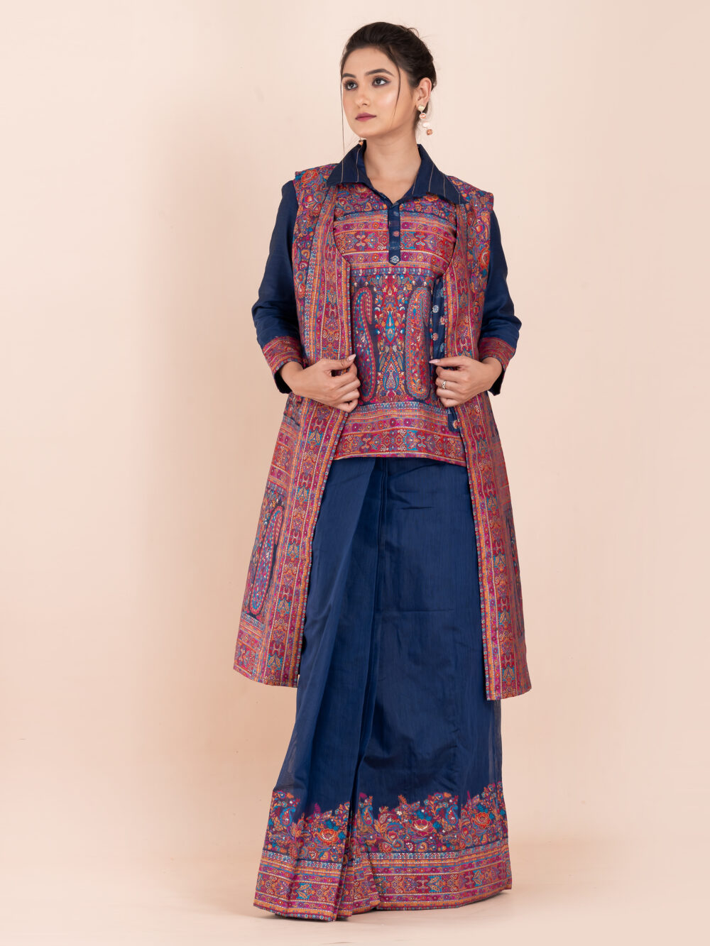 Navy Blue Chanderi Weave Fusion Skirt Jacket Set