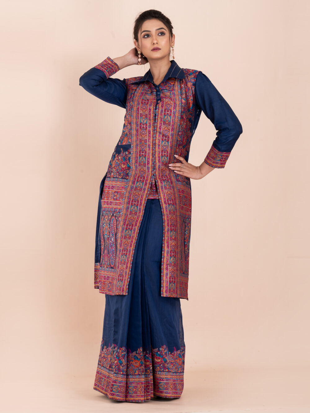 Navy Blue Chanderi Weave Fusion Skirt Jacket Set - Image 7