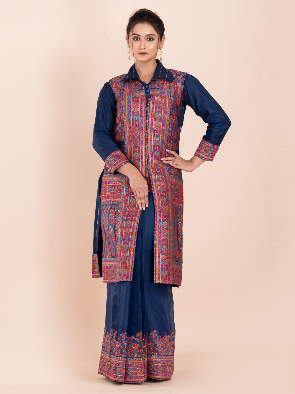 Navy Blue Chanderi Weave Fusion Skirt Jacket Set - Image 8