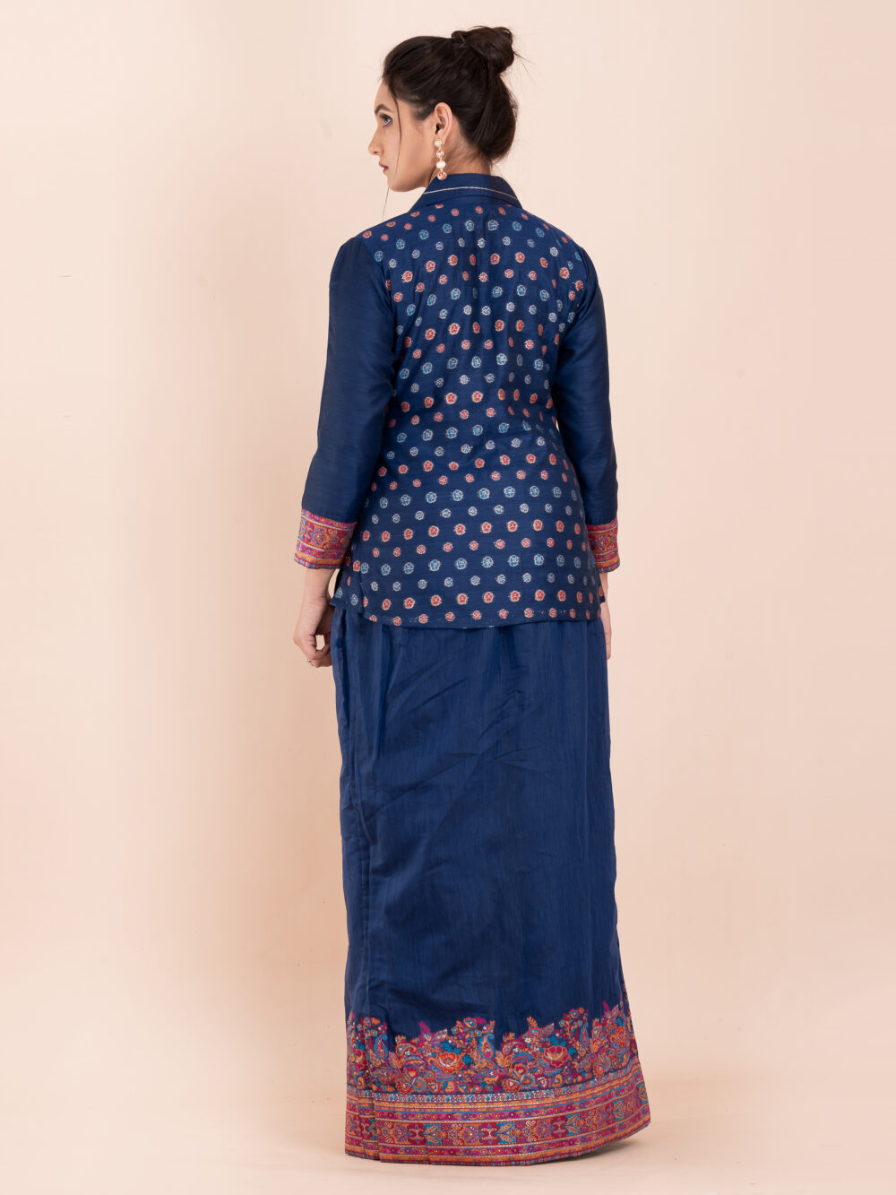 Navy Blue Chanderi Weave Fusion Skirt Jacket Set - Image 9