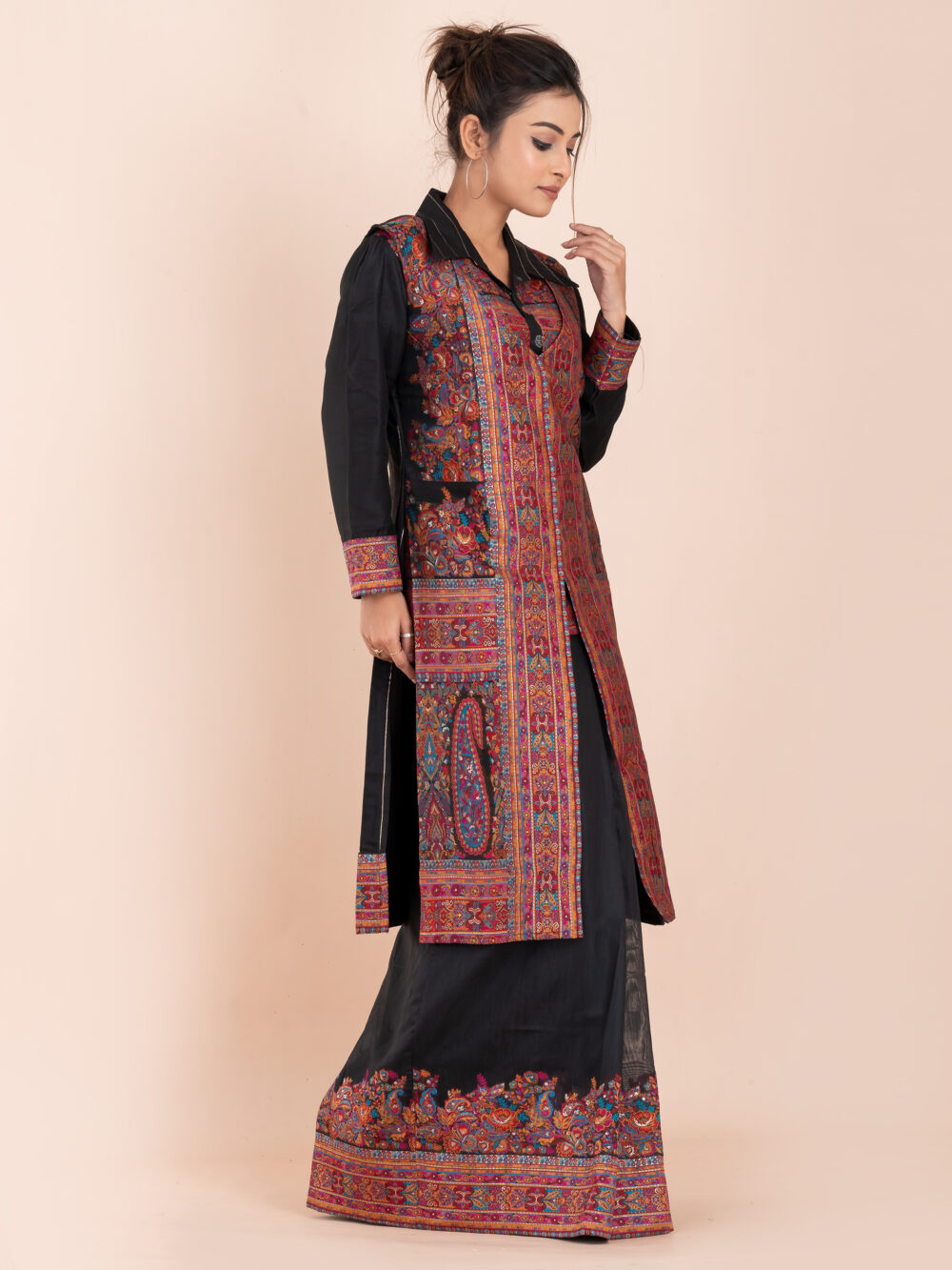 Black Chanderi Weave Fusion Skirt Jacket Set - Image 3