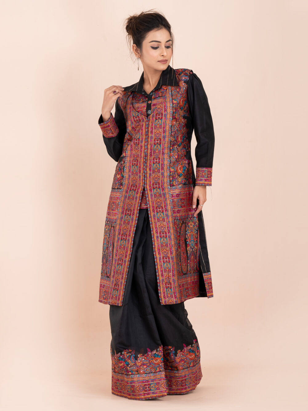Black Chanderi Weave Fusion Skirt Jacket Set - Image 5