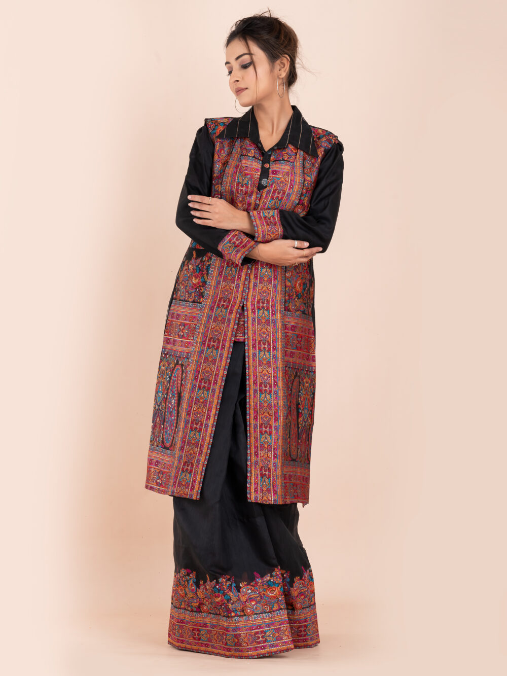 Black Chanderi Weave Fusion Skirt Jacket Set - Image 6