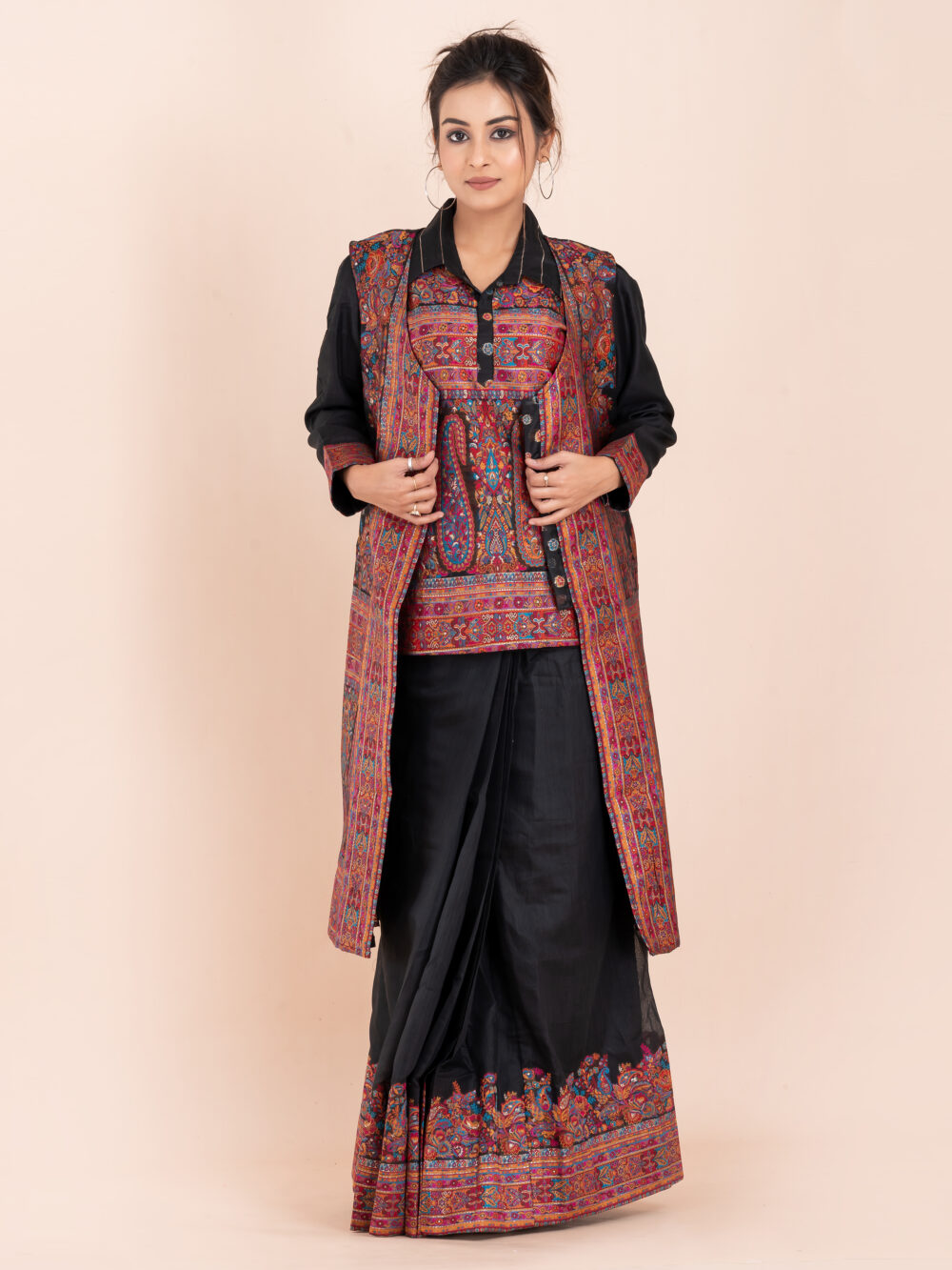Black Chanderi Weave Fusion Skirt Jacket Set