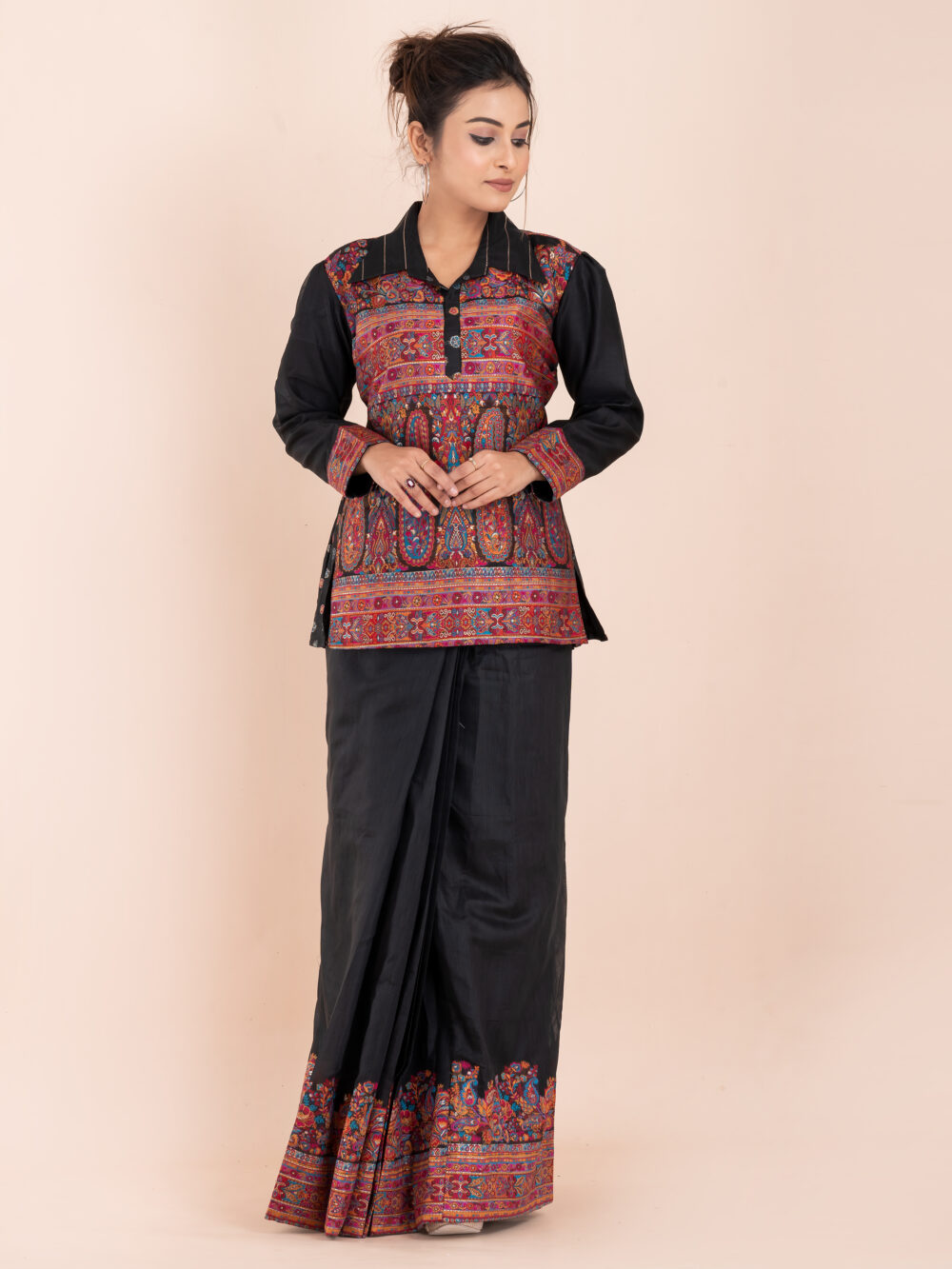 Black Chanderi Weave Fusion Skirt Jacket Set - Image 8