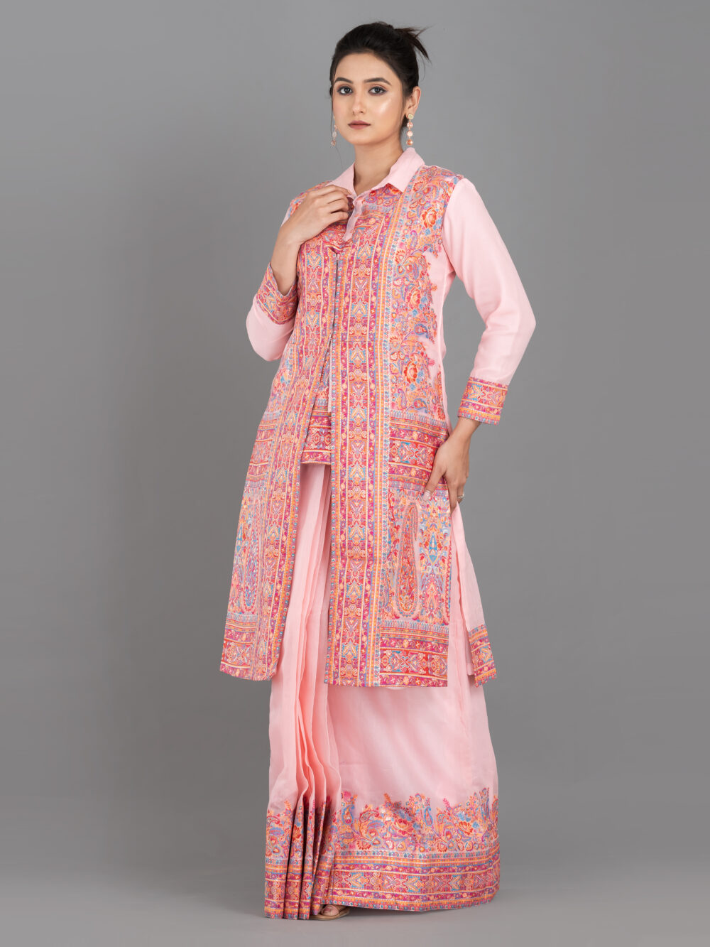 Peach Chanderi Weave Fusion Skirt Jacket Set - Image 5