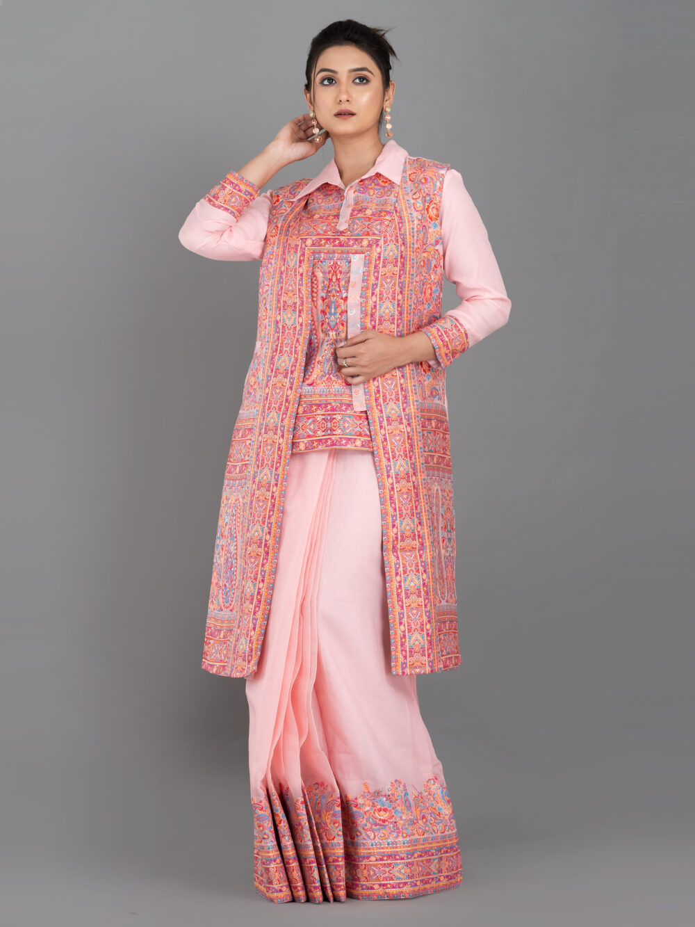 Peach Chanderi Weave Fusion Skirt Jacket Set - Image 8