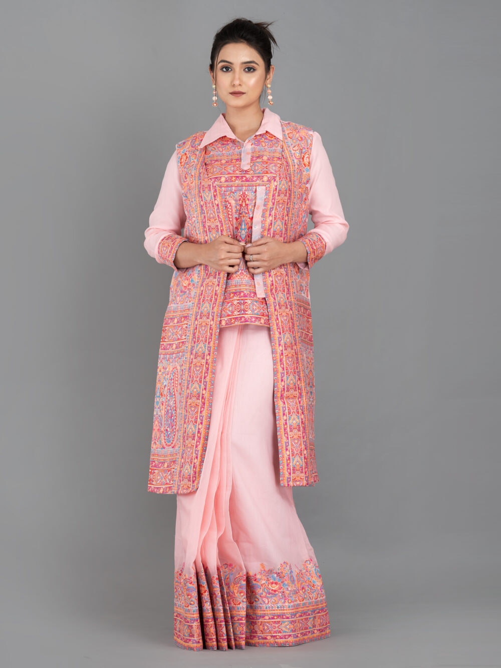 Peach Chanderi Weave Fusion Skirt Jacket Set