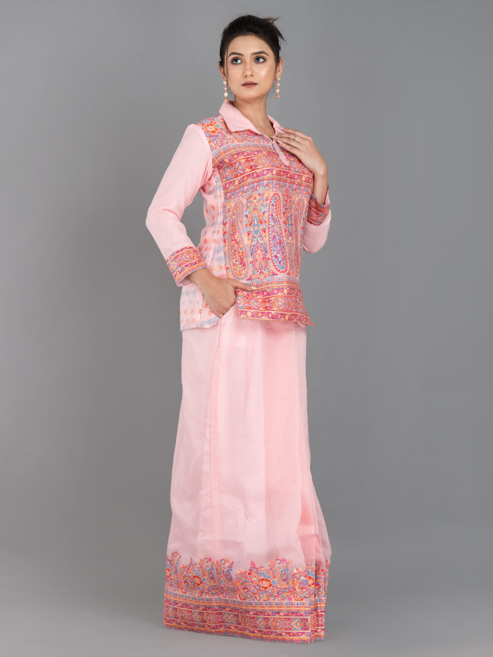 Peach Chanderi Weave Fusion Skirt Jacket Set - Image 9