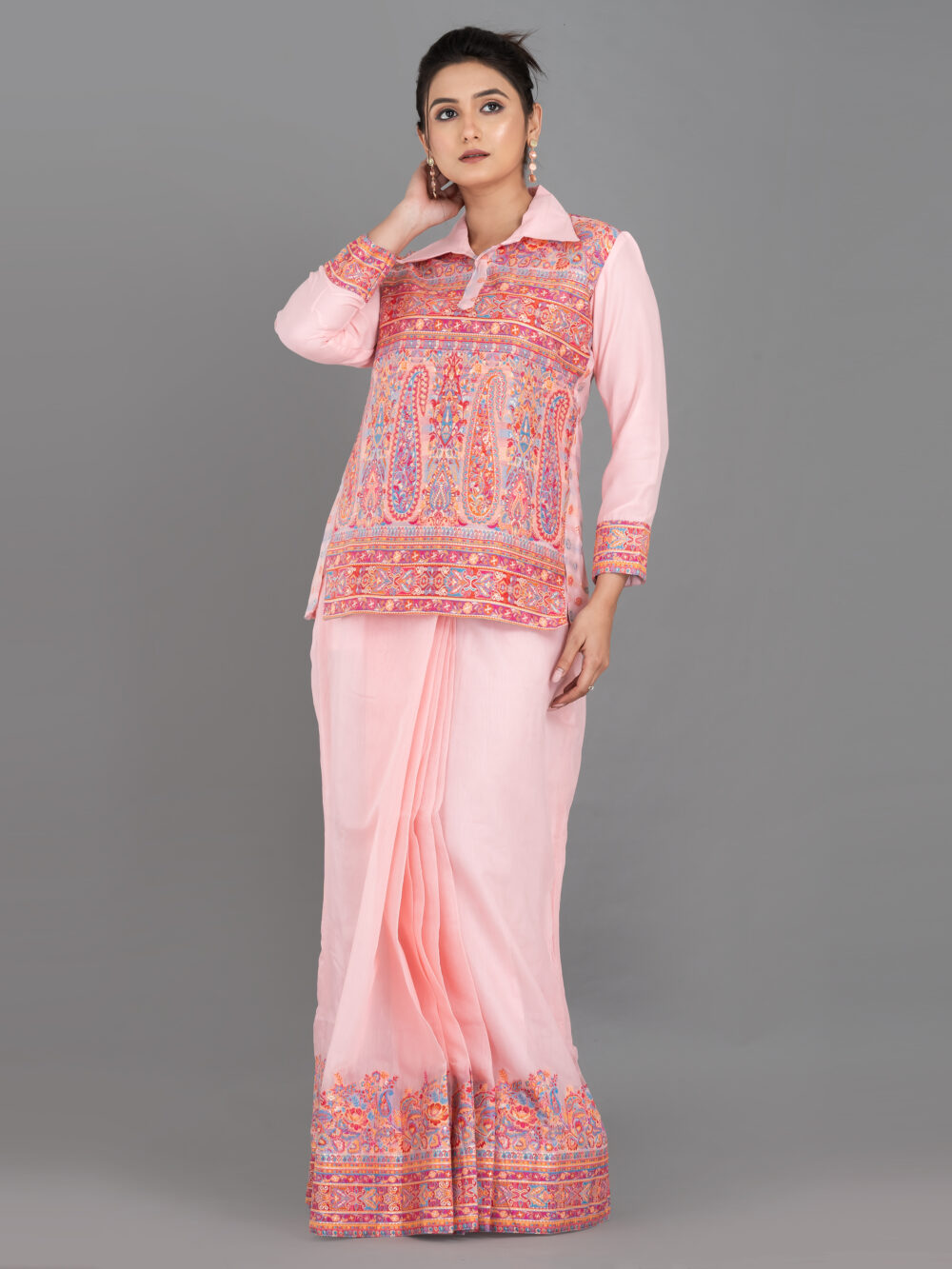 Peach Chanderi Weave Fusion Skirt Jacket Set - Image 10