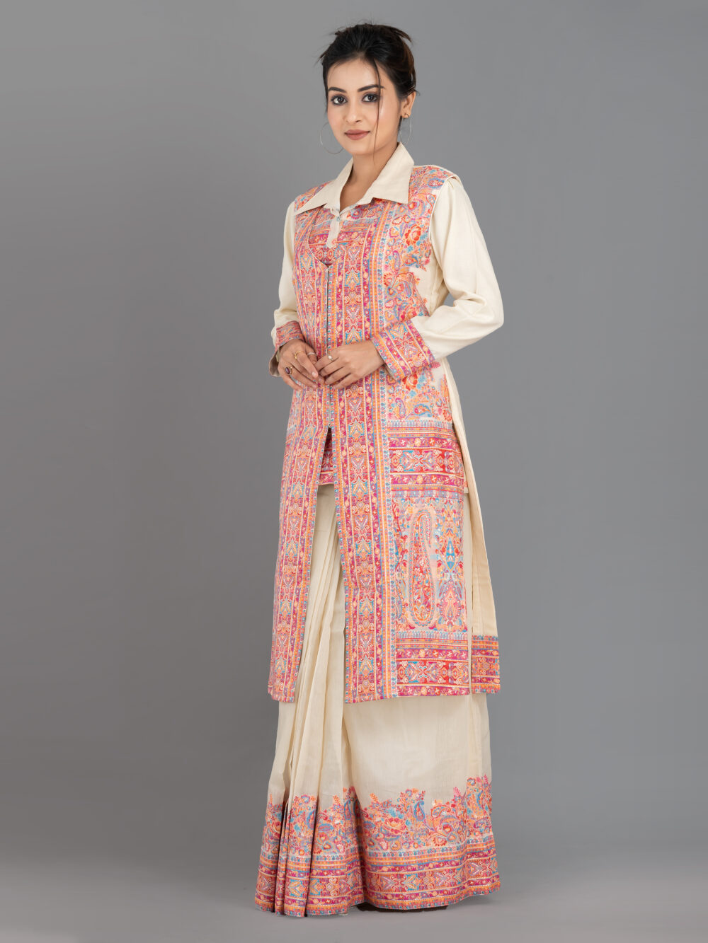 Off-White Chanderi Weave Fusion Skirt Jacket Set