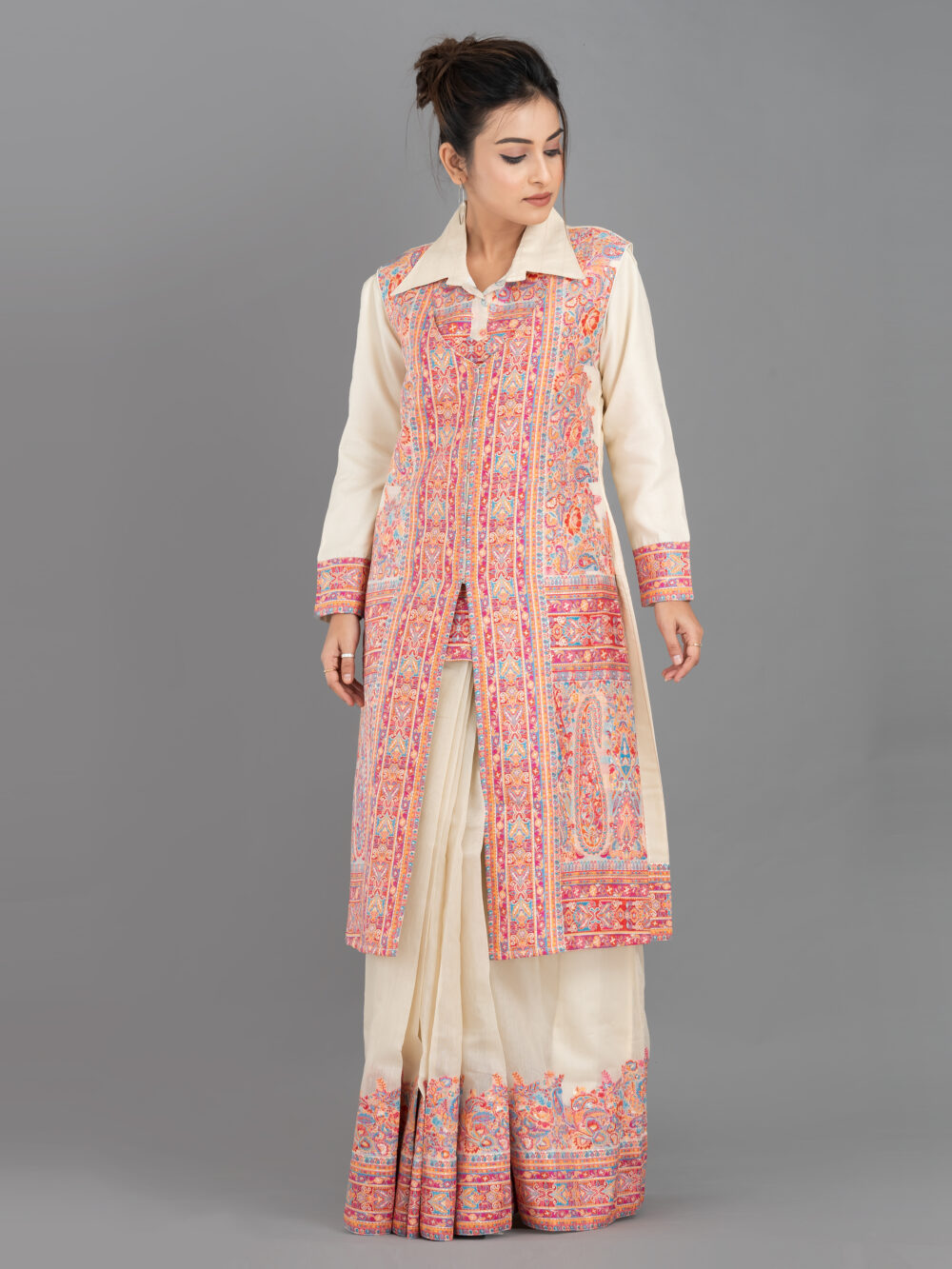 Off-White Chanderi Weave Fusion Skirt Jacket Set - Image 5