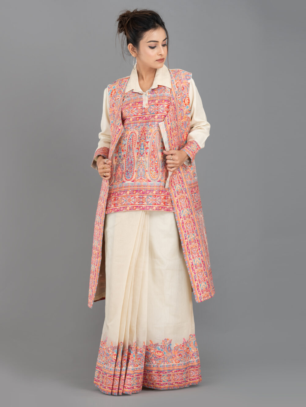 Off-White Chanderi Weave Fusion Skirt Jacket Set - Image 6