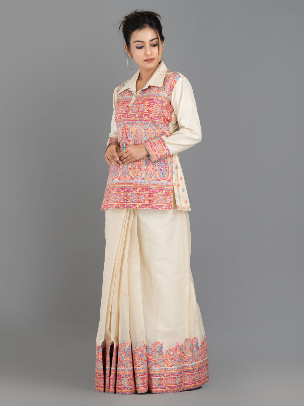 Off-White Chanderi Weave Fusion Skirt Jacket Set - Image 8