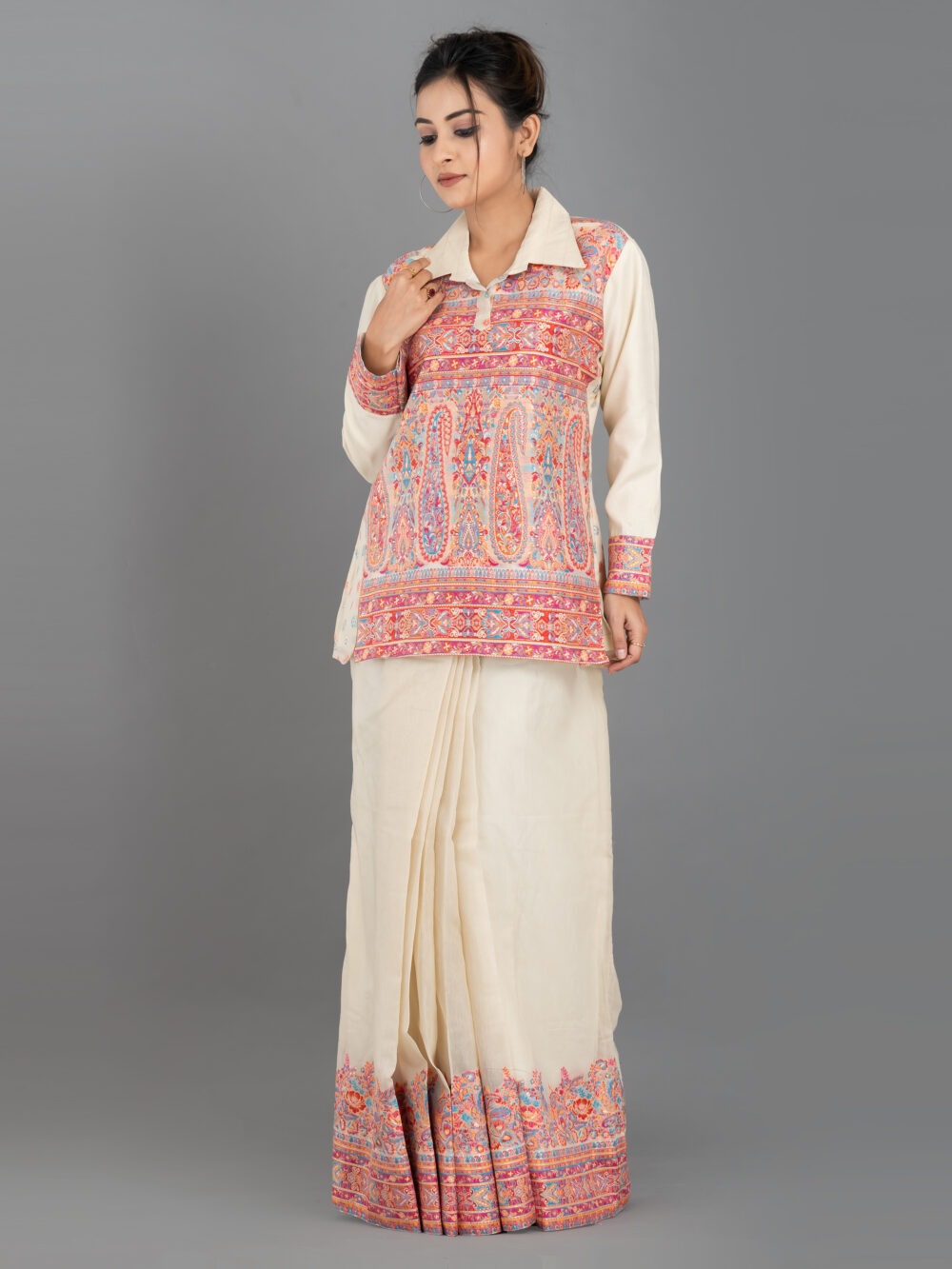 Off-White Chanderi Weave Fusion Skirt Jacket Set - Image 9