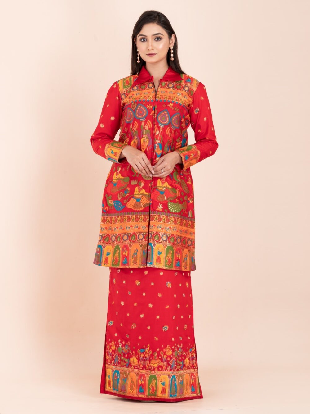 "Laalima Charm" – Tomato Red Baluchori Fusion Ensemble