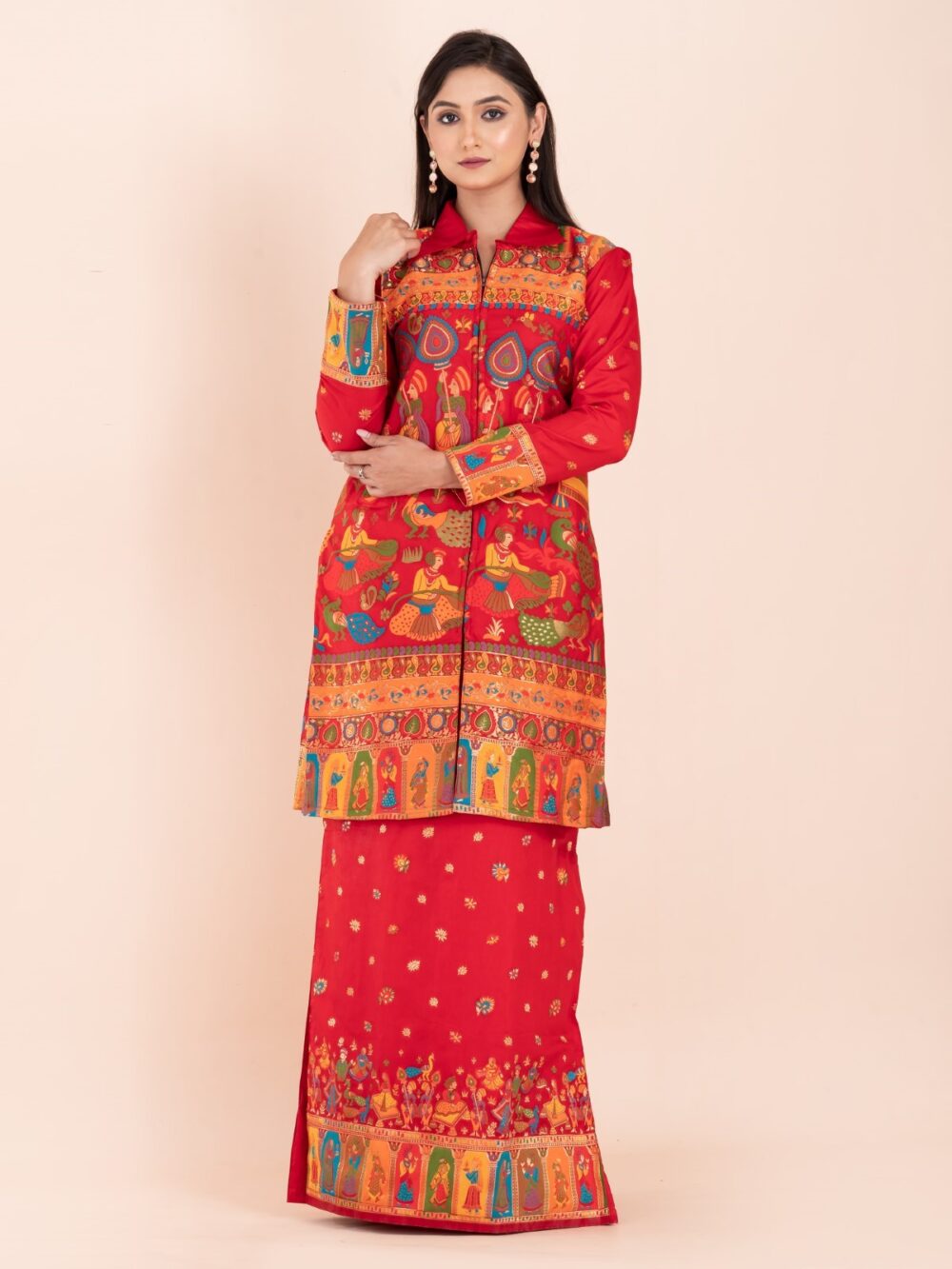 "Laalima Charm" – Tomato Red Baluchori Fusion Ensemble - Image 3